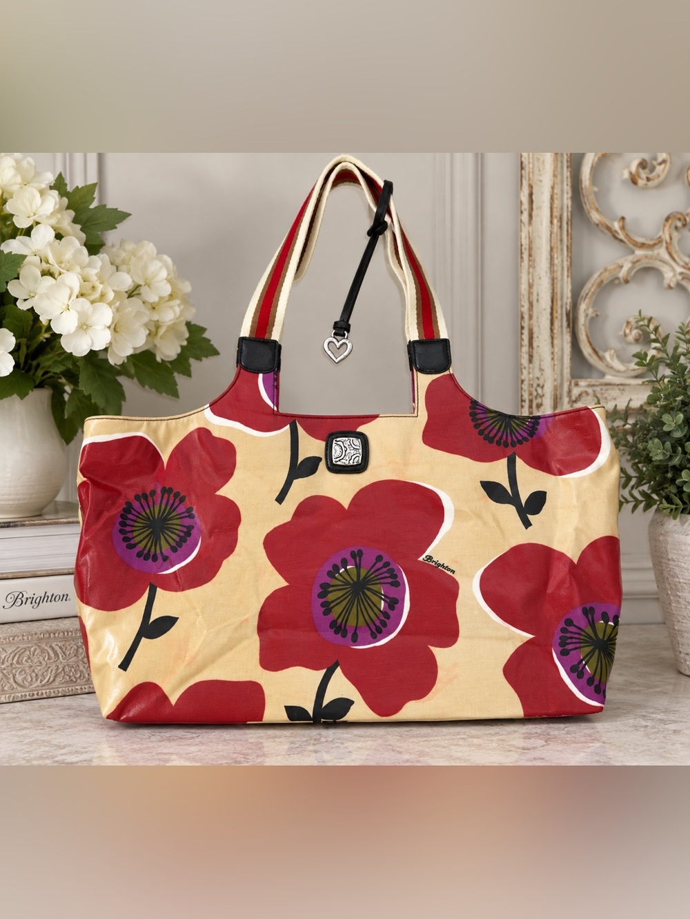 Brighton Floral Tote Bag Cream Red Purple Poppy Print Leather Trim Heart Charm